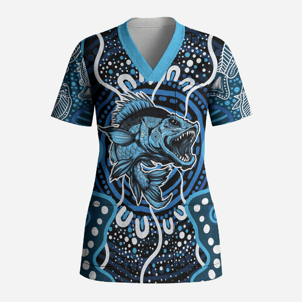 Custom Barramundi Fishing Scrub Top Indigenous Aboriginal Dot Art Blue Fish
