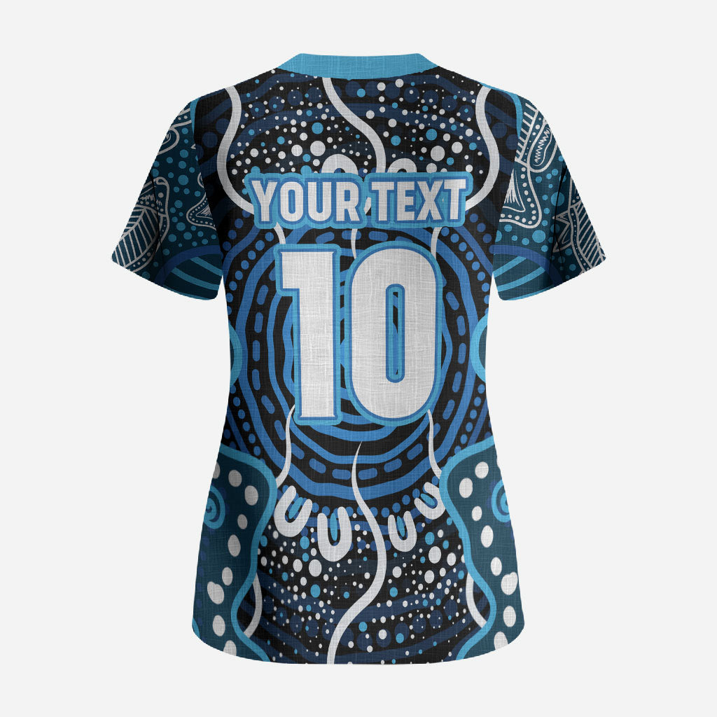 Custom Barramundi Fishing Scrub Top Indigenous Aboriginal Dot Art Blue Fish