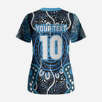 Custom Barramundi Fishing Scrub Top Indigenous Aboriginal Dot Art Blue Fish