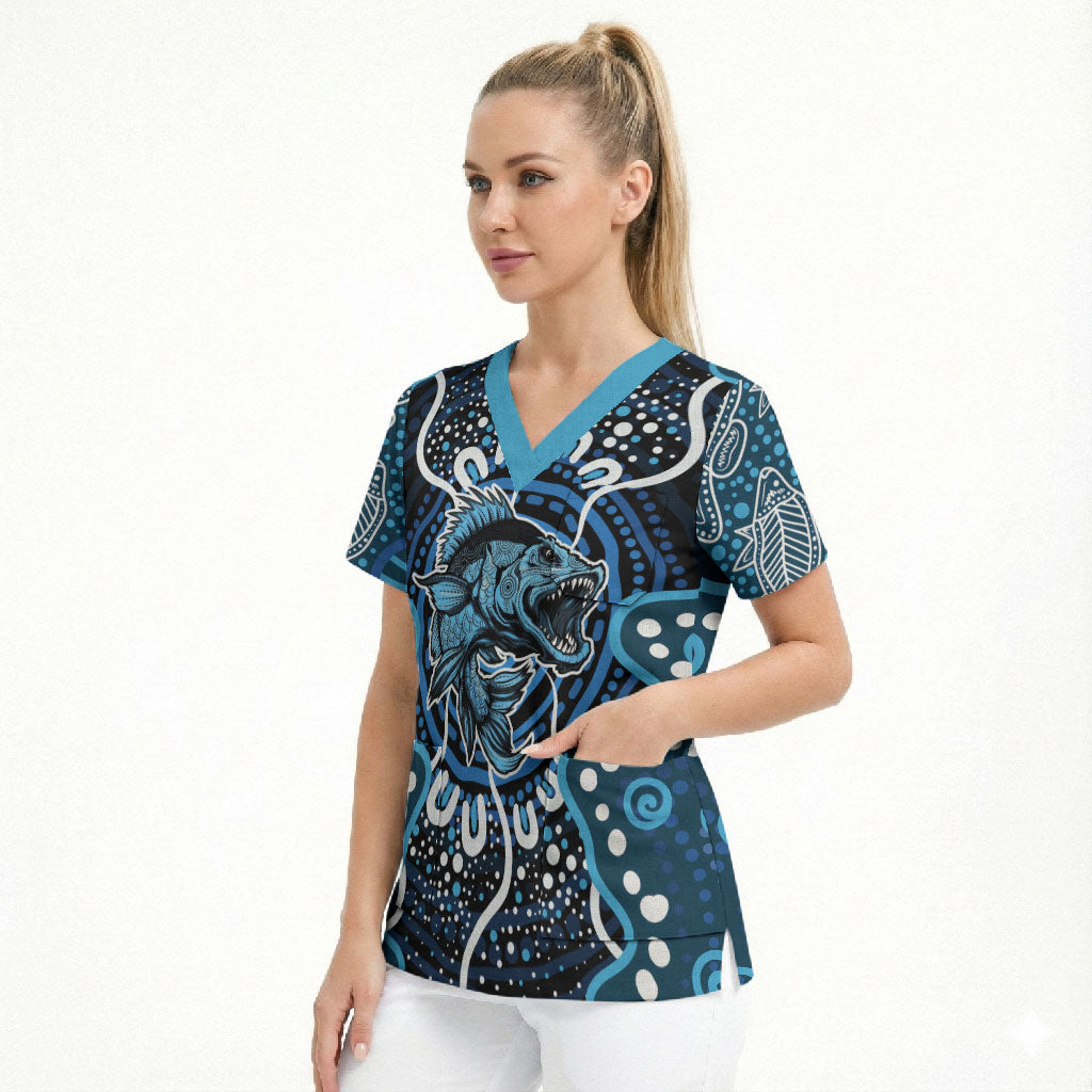 Custom Barramundi Fishing Scrub Top Indigenous Aboriginal Dot Art Blue Fish