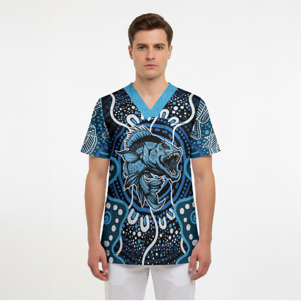 Custom Barramundi Fishing Scrub Top Indigenous Aboriginal Dot Art Blue Fish