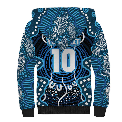 Custom Barramundi Fishing Sherpa Hoodie Indigenous Aboriginal Dot Art Blue Fish
