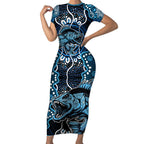 Custom Barramundi Fishing Short Sleeve Bodycon Dress Indigenous Aboriginal Dot Art Blue Fish
