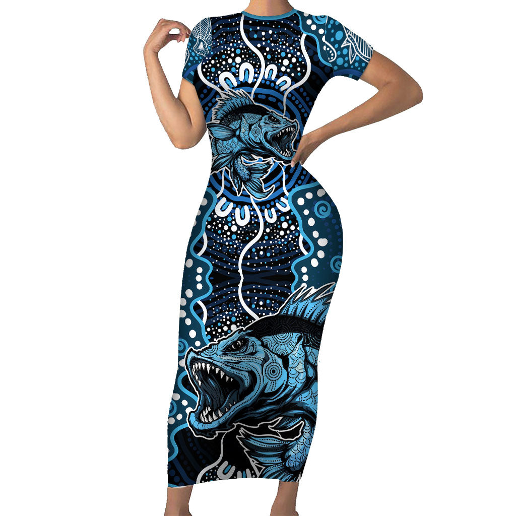 Custom Barramundi Fishing Short Sleeve Bodycon Dress Indigenous Aboriginal Dot Art Blue Fish
