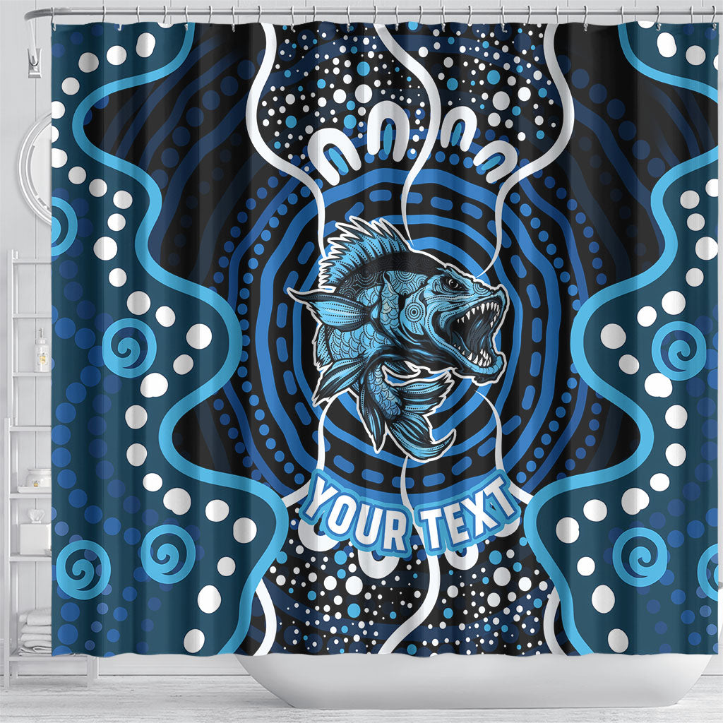 Custom Barramundi Fishing Shower Curtain Indigenous Aboriginal Dot Art Blue Fish