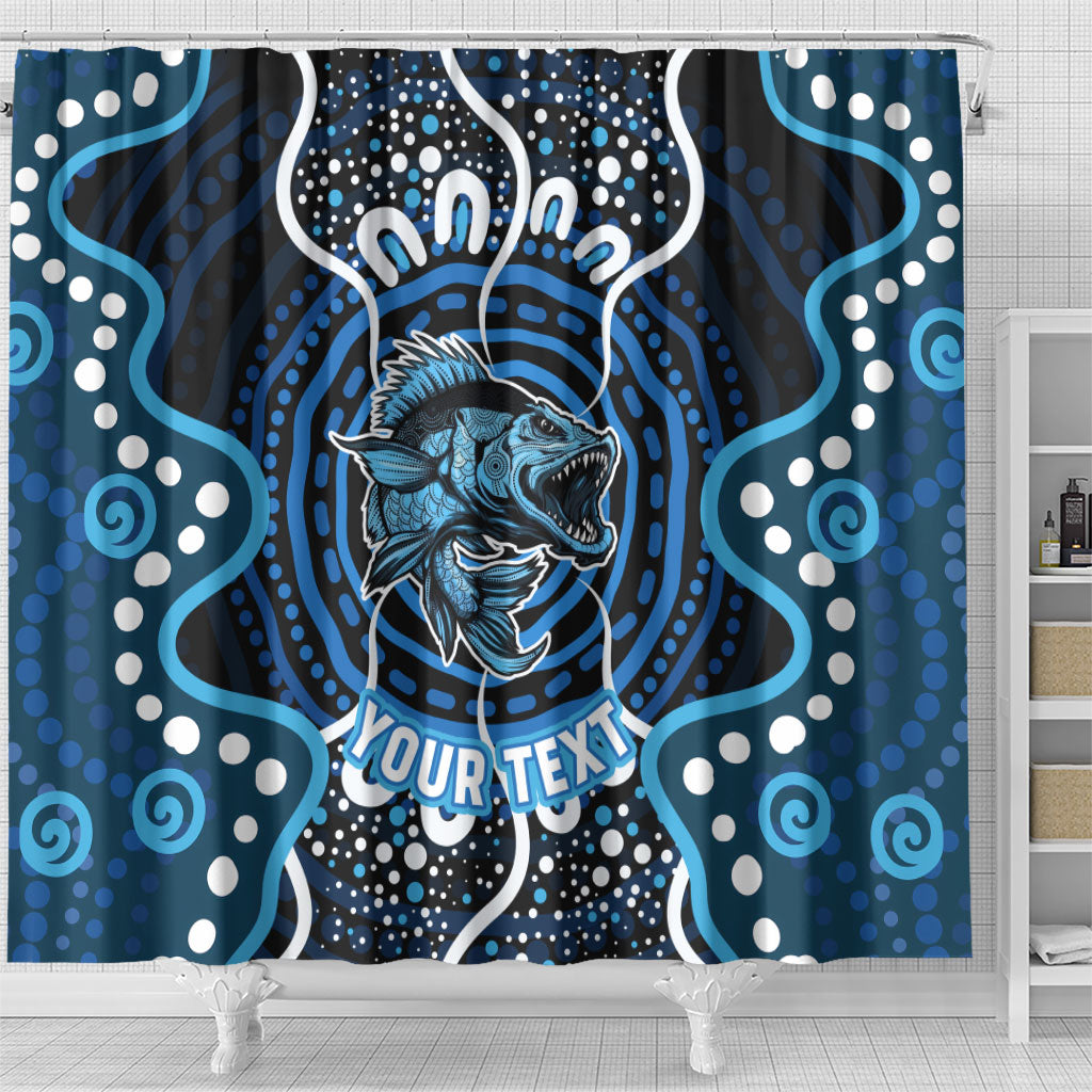 Custom Barramundi Fishing Shower Curtain Indigenous Aboriginal Dot Art Blue Fish