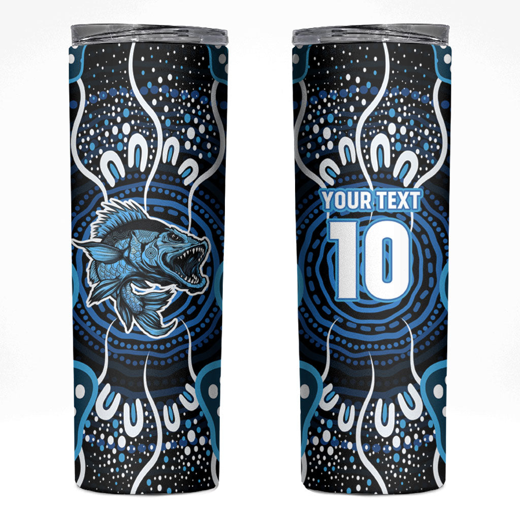 Custom Barramundi Fishing Skinny Tumbler Indigenous Aboriginal Dot Art Blue Fish