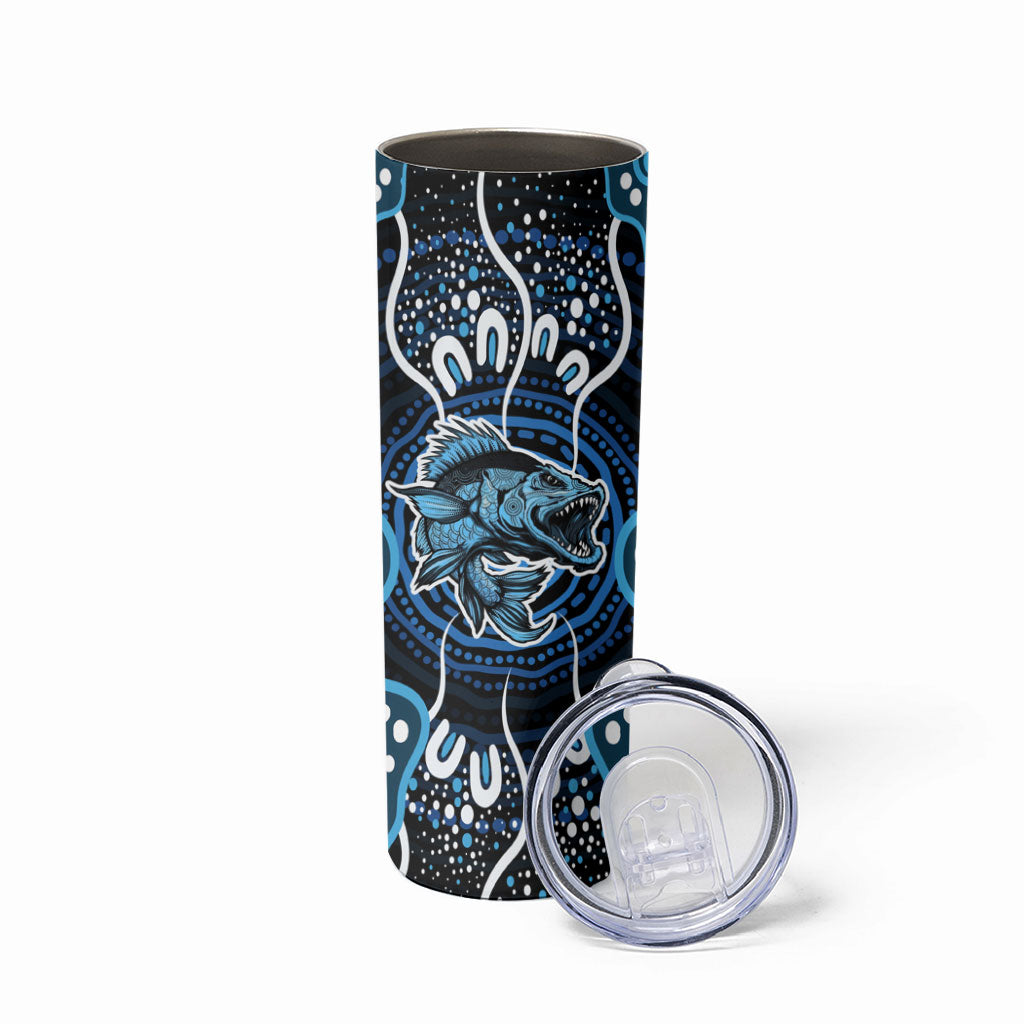 Custom Barramundi Fishing Skinny Tumbler Indigenous Aboriginal Dot Art Blue Fish