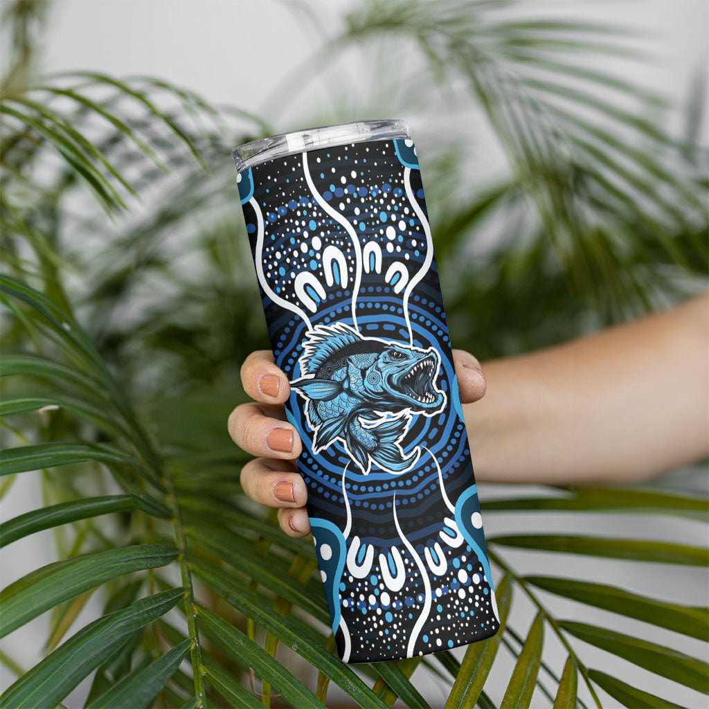 Custom Barramundi Fishing Skinny Tumbler Indigenous Aboriginal Dot Art Blue Fish