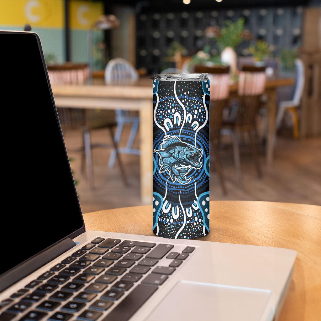 Custom Barramundi Fishing Skinny Tumbler Indigenous Aboriginal Dot Art Blue Fish