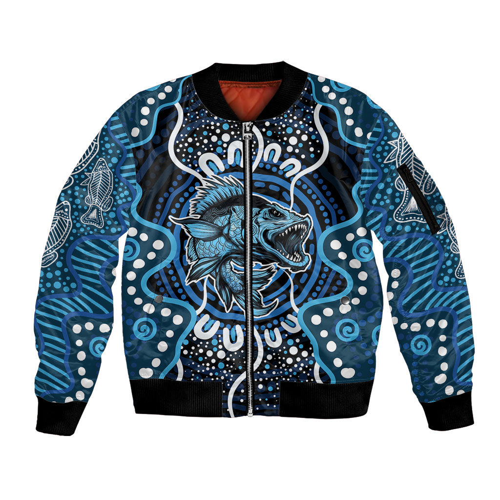 Custom Barramundi Fishing Sleeve Zip Bomber Jacket Indigenous Aboriginal Dot Art Blue Fish