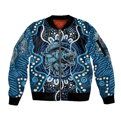 Custom Barramundi Fishing Sleeve Zip Bomber Jacket Indigenous Aboriginal Dot Art Blue Fish