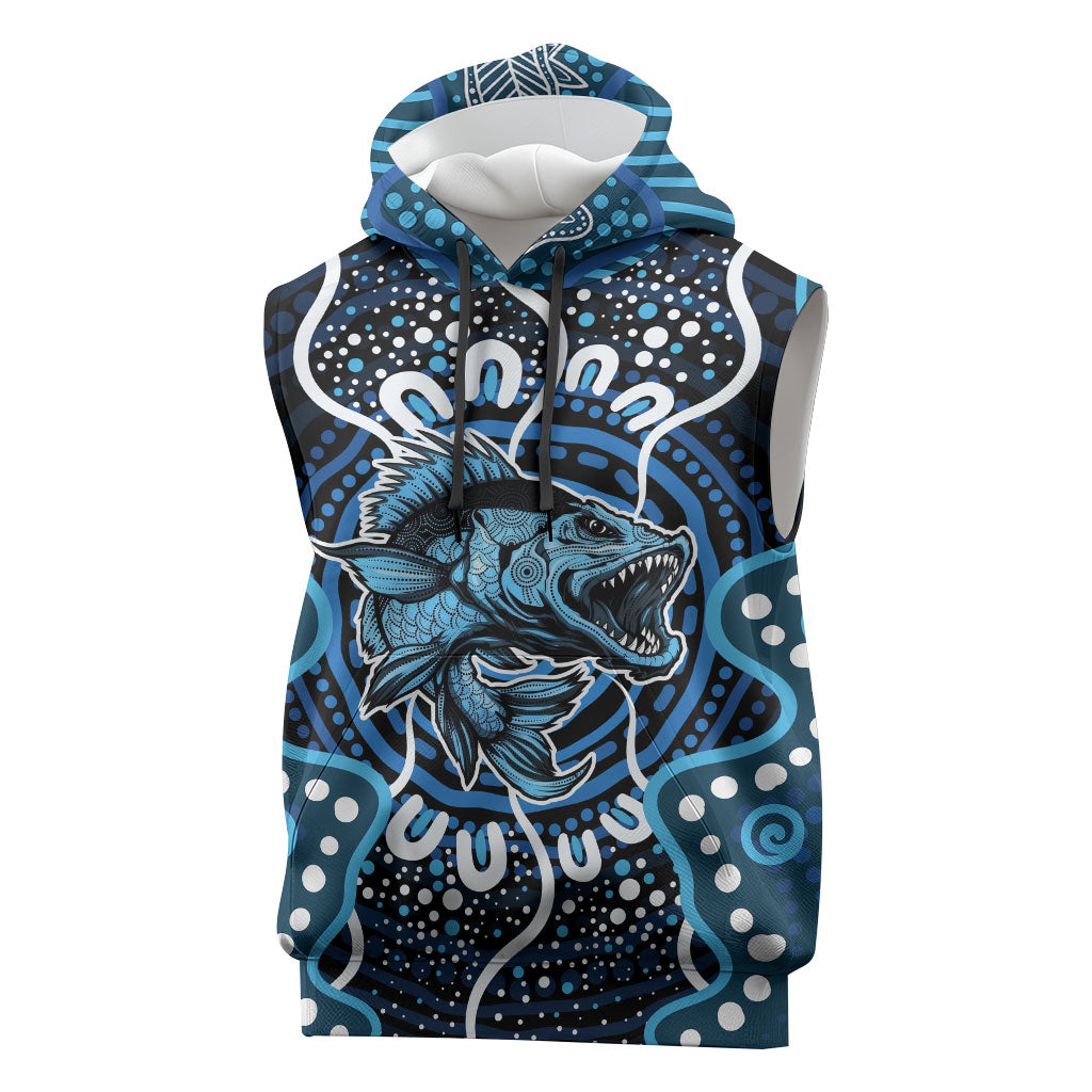 Custom Barramundi Fishing Sleeveless Hoodie Indigenous Aboriginal Dot Art Blue Fish