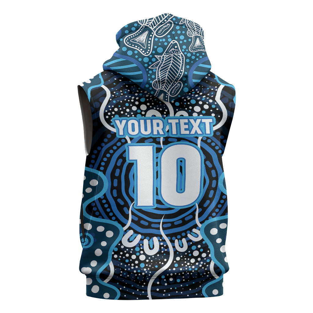 Custom Barramundi Fishing Sleeveless Hoodie Indigenous Aboriginal Dot Art Blue Fish