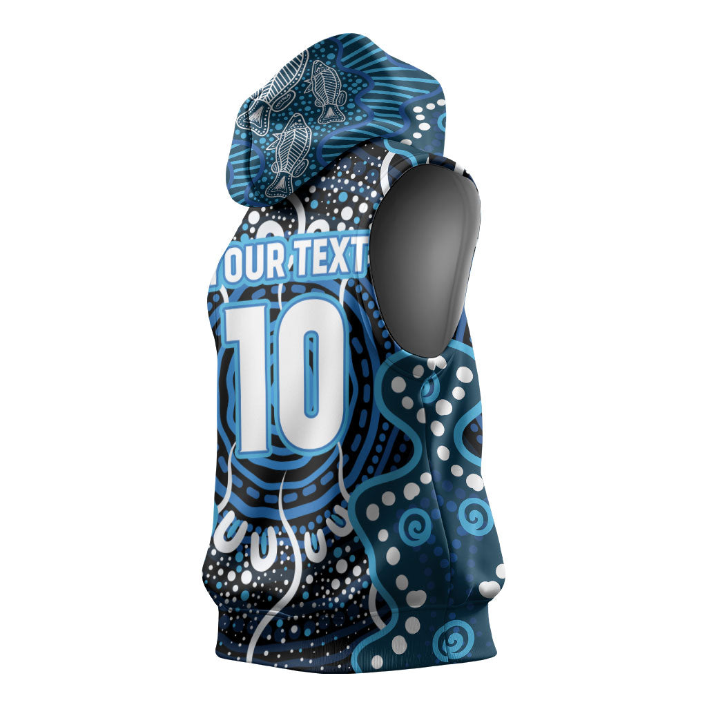 Custom Barramundi Fishing Sleeveless Hoodie Indigenous Aboriginal Dot Art Blue Fish