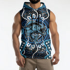 Custom Barramundi Fishing Sleeveless Hoodie Indigenous Aboriginal Dot Art Blue Fish