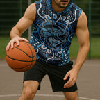 Custom Barramundi Fishing Sleeveless Hoodie Indigenous Aboriginal Dot Art Blue Fish