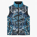 Custom Barramundi Fishing Sleeveless Puffer Jacket Indigenous Aboriginal Dot Art Blue Fish