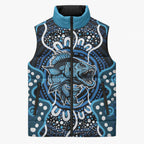 Custom Barramundi Fishing Sleeveless Puffer Jacket Indigenous Aboriginal Dot Art Blue Fish