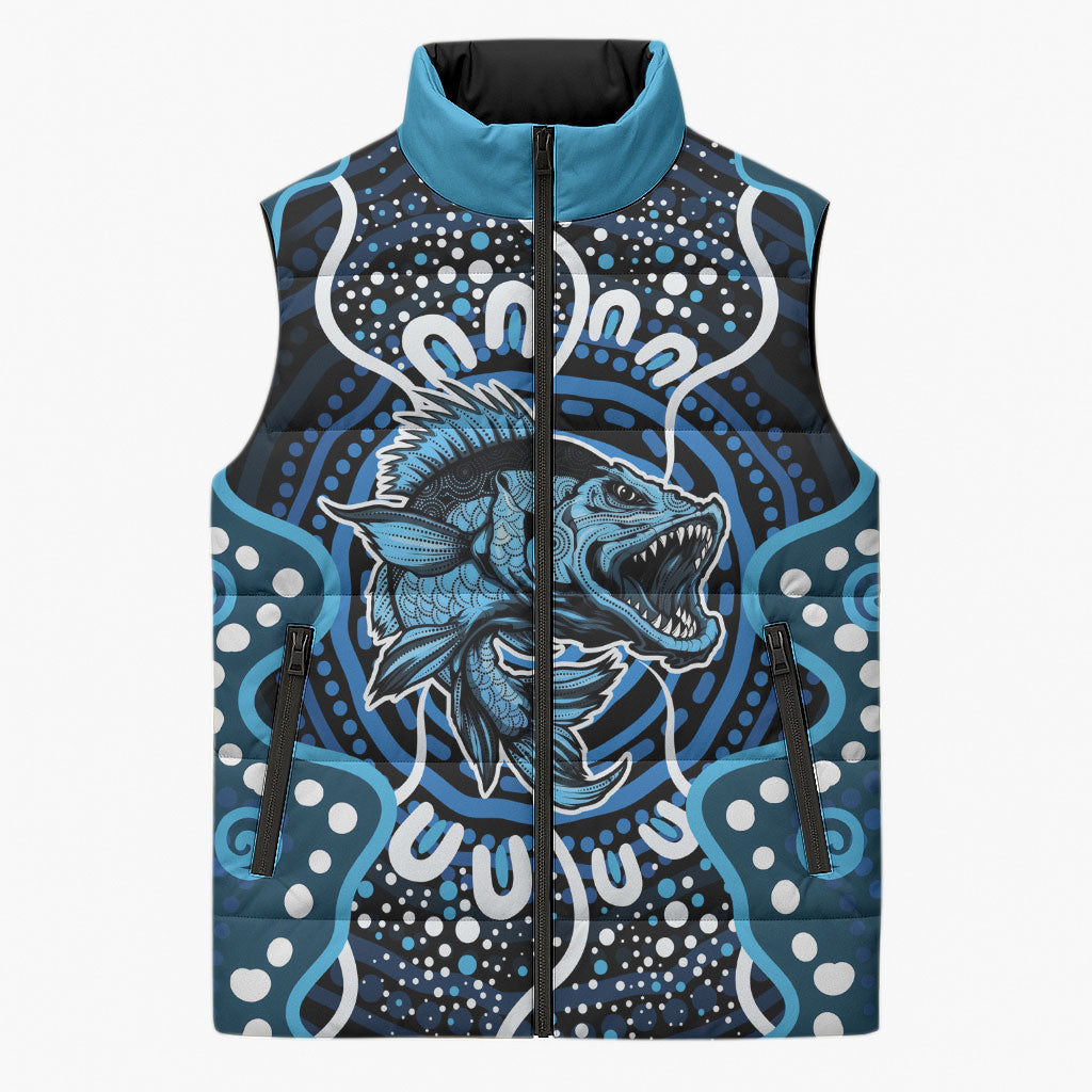 Custom Barramundi Fishing Sleeveless Puffer Jacket Indigenous Aboriginal Dot Art Blue Fish