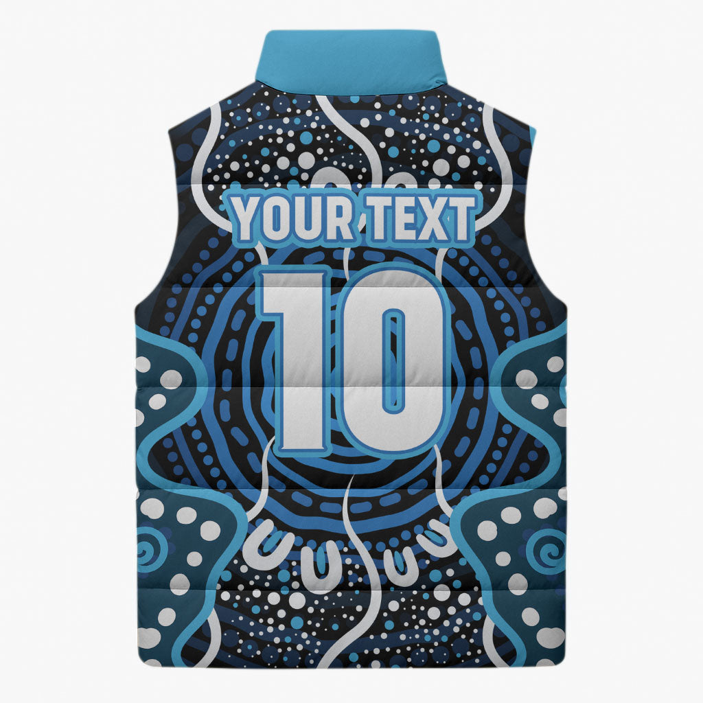 Custom Barramundi Fishing Sleeveless Puffer Jacket Indigenous Aboriginal Dot Art Blue Fish