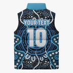 Custom Barramundi Fishing Sleeveless Puffer Jacket Indigenous Aboriginal Dot Art Blue Fish