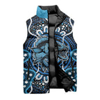 Custom Barramundi Fishing Sleeveless Puffer Jacket Indigenous Aboriginal Dot Art Blue Fish