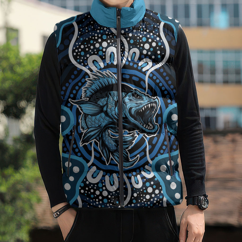 Custom Barramundi Fishing Sleeveless Puffer Jacket Indigenous Aboriginal Dot Art Blue Fish