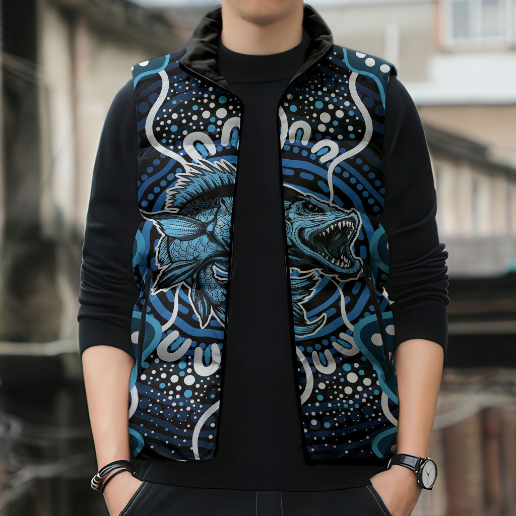 Custom Barramundi Fishing Sleeveless Puffer Jacket Indigenous Aboriginal Dot Art Blue Fish
