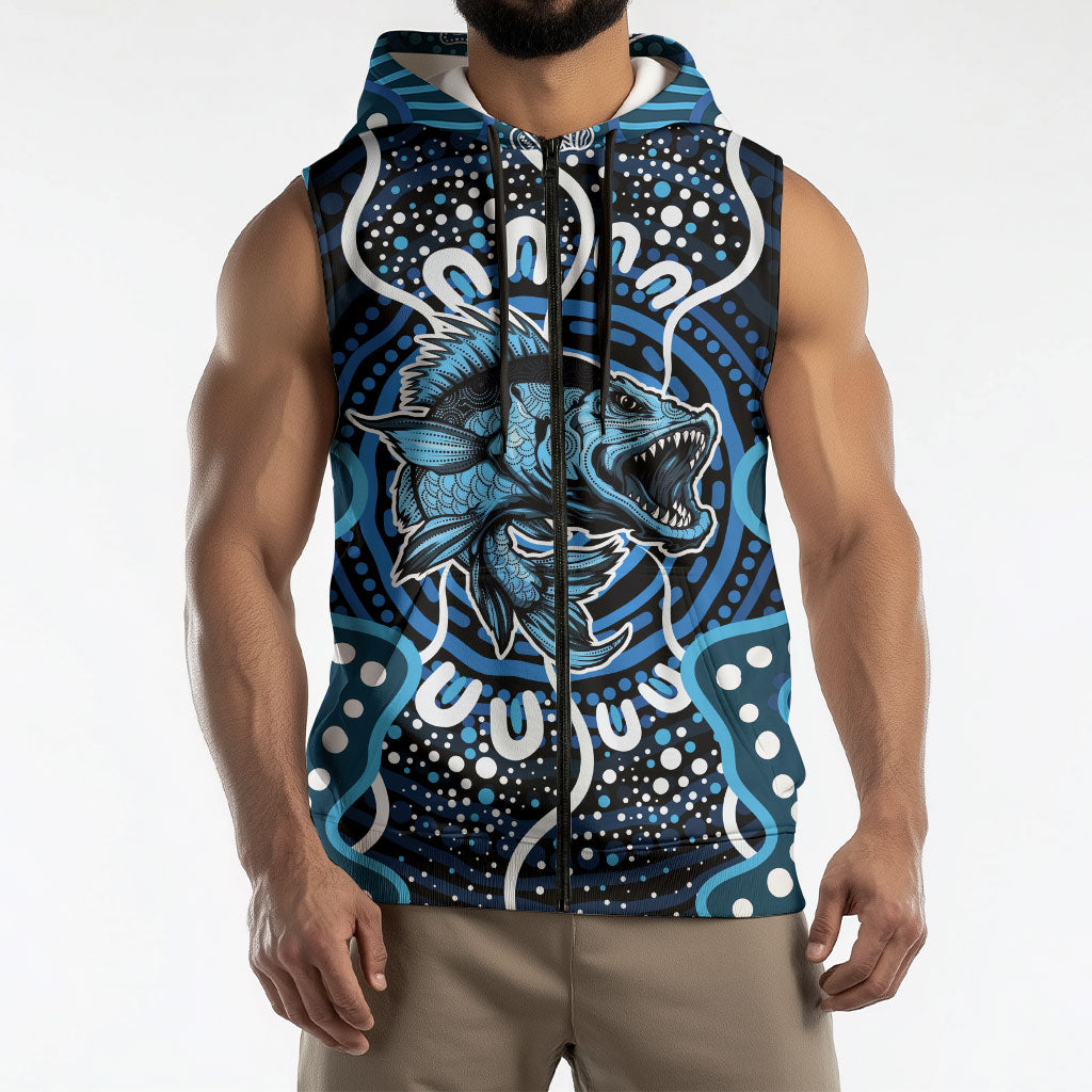 Custom Barramundi Fishing Sleeveless Zip Hoodie Indigenous Aboriginal Dot Art Blue Fish