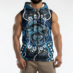 Custom Barramundi Fishing Sleeveless Zip Hoodie Indigenous Aboriginal Dot Art Blue Fish