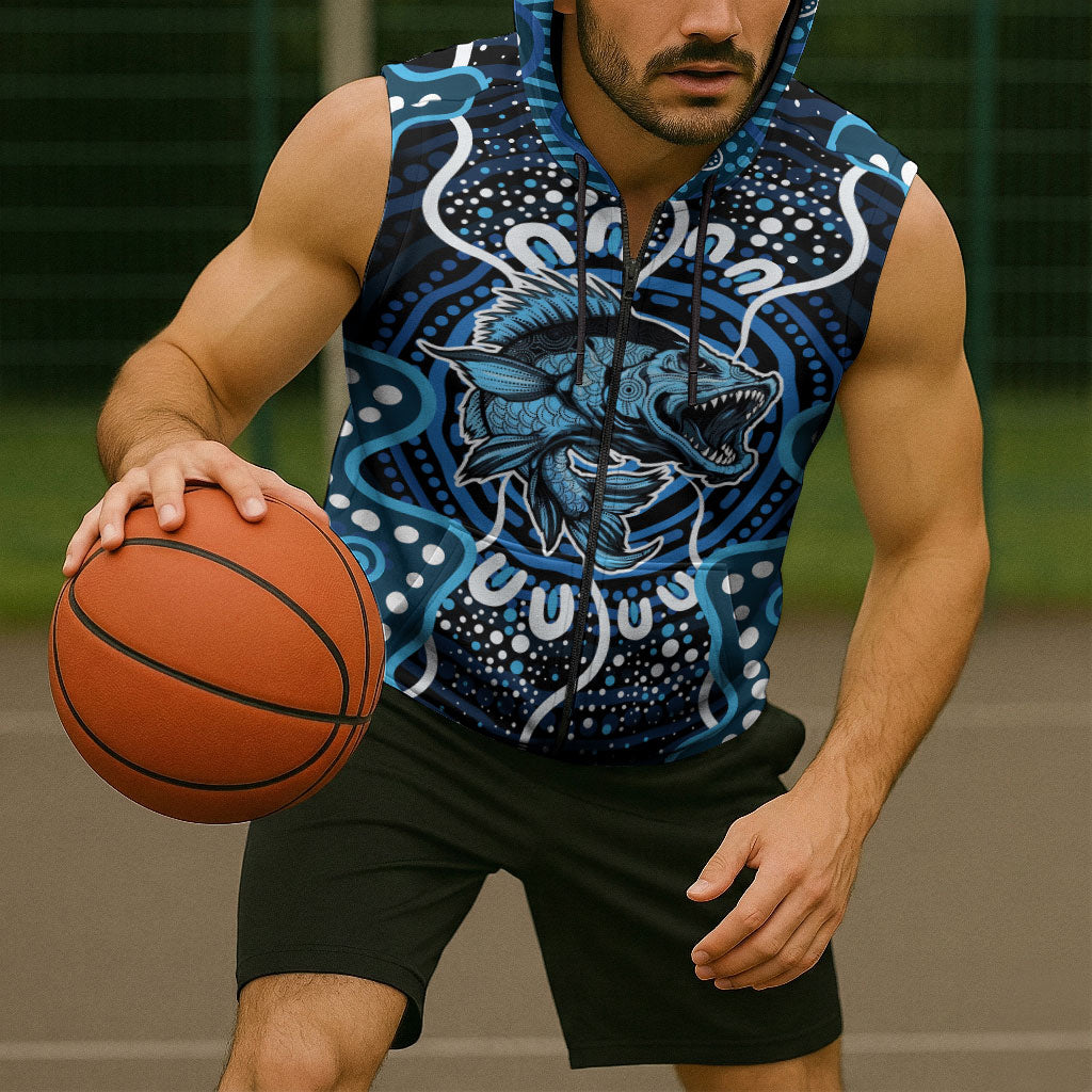 Custom Barramundi Fishing Sleeveless Zip Hoodie Indigenous Aboriginal Dot Art Blue Fish
