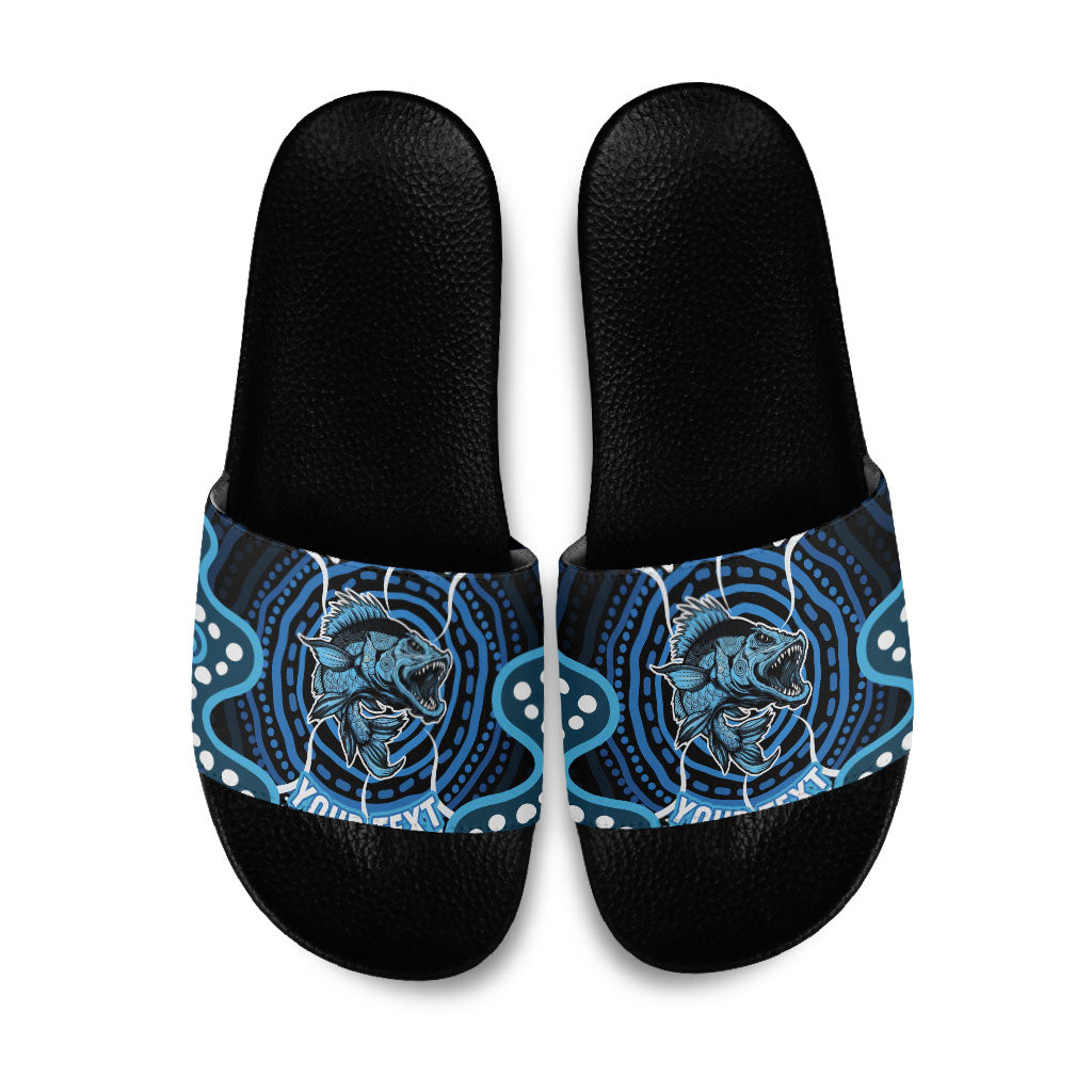 Custom Barramundi Fishing Slide Sandals Indigenous Aboriginal Dot Art Blue Fish