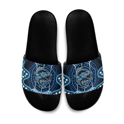 Custom Barramundi Fishing Slide Sandals Indigenous Aboriginal Dot Art Blue Fish