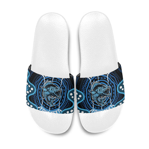 Custom Barramundi Fishing Slide Sandals Indigenous Aboriginal Dot Art Blue Fish