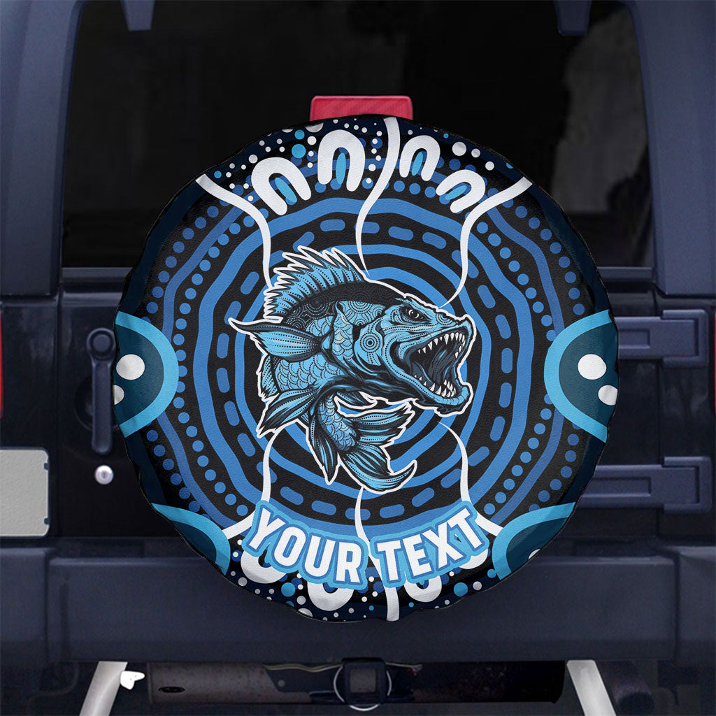 Custom Barramundi Fishing Spare Tire Cover Indigenous Aboriginal Dot Art Blue Fish