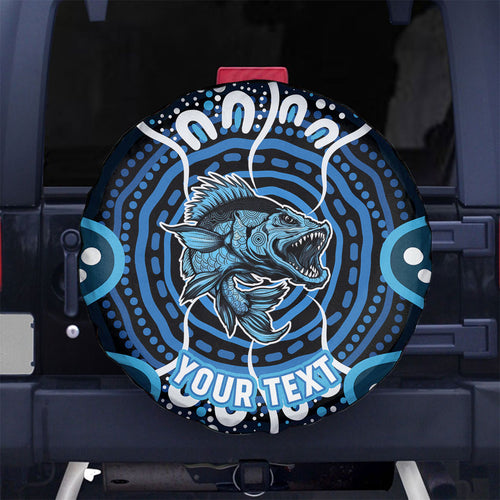 Custom Barramundi Fishing Spare Tire Cover Indigenous Aboriginal Dot Art Blue Fish