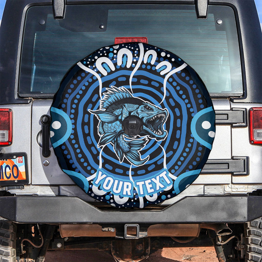 Custom Barramundi Fishing Spare Tire Cover Indigenous Aboriginal Dot Art Blue Fish