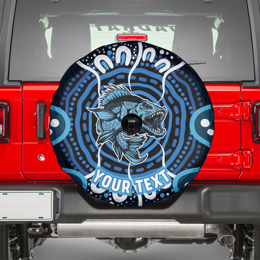 Custom Barramundi Fishing Spare Tire Cover Indigenous Aboriginal Dot Art Blue Fish