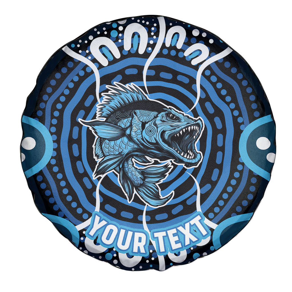 Custom Barramundi Fishing Spare Tire Cover Indigenous Aboriginal Dot Art Blue Fish