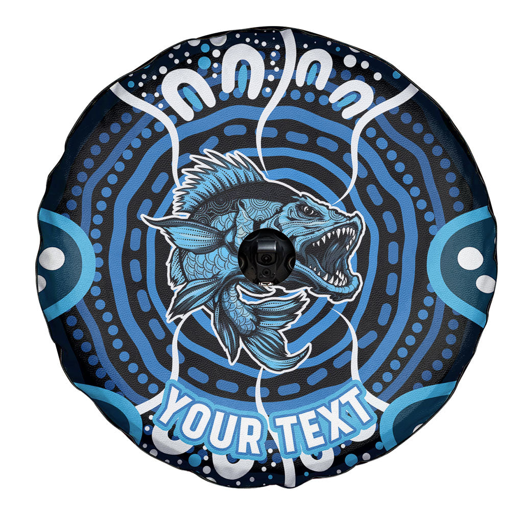 Custom Barramundi Fishing Spare Tire Cover Indigenous Aboriginal Dot Art Blue Fish