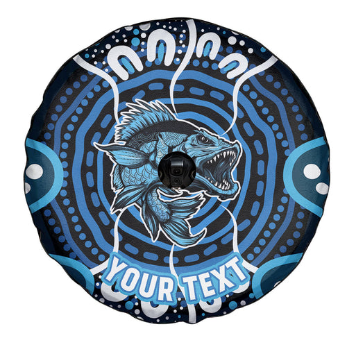 Custom Barramundi Fishing Spare Tire Cover Indigenous Aboriginal Dot Art Blue Fish