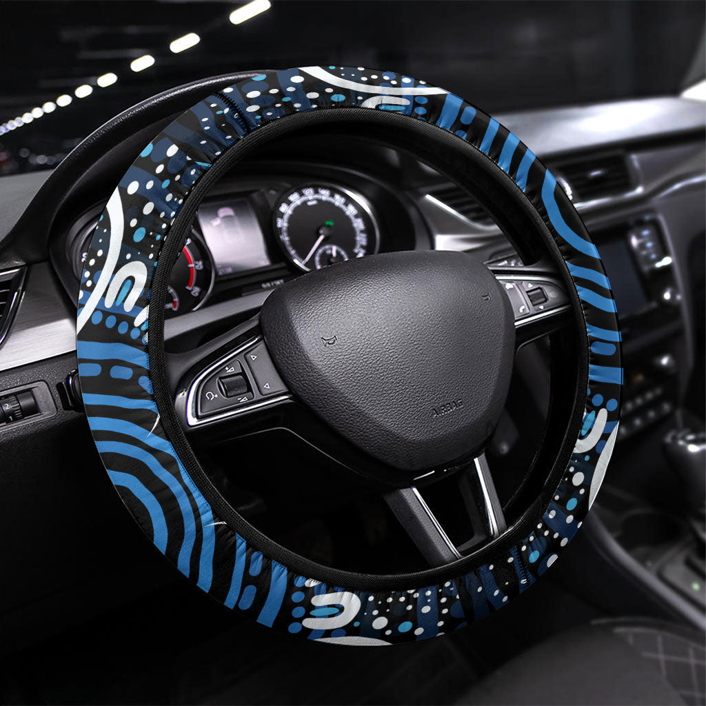 Barramundi Fishing Steering Wheel Cover Indigenous Aboriginal Dot Art Blue Fish