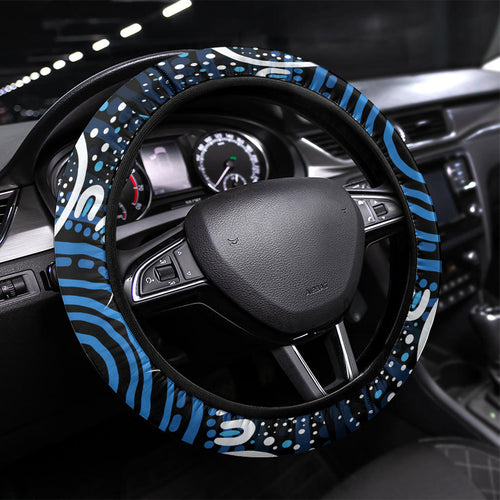 Barramundi Fishing Steering Wheel Cover Indigenous Aboriginal Dot Art Blue Fish