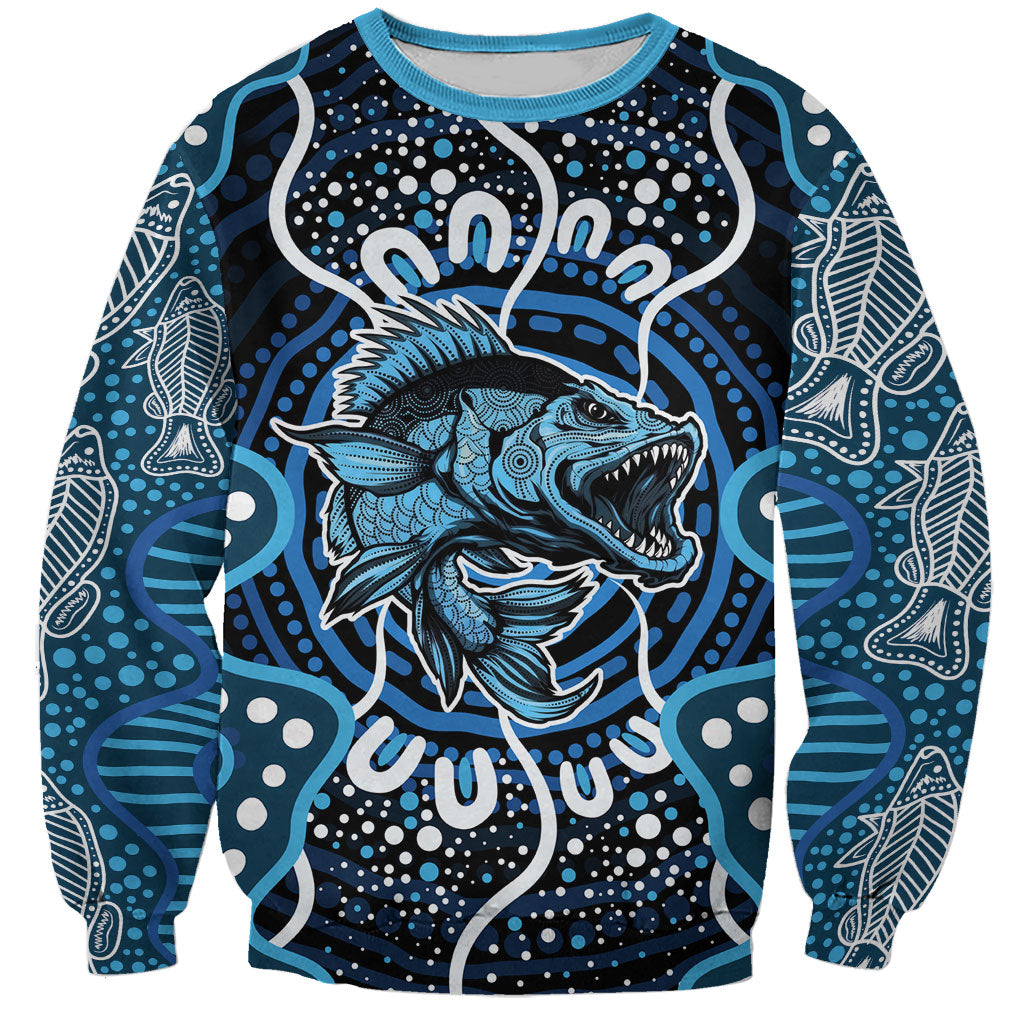 Custom Barramundi Fishing Sweatshirt Indigenous Aboriginal Dot Art Blue Fish