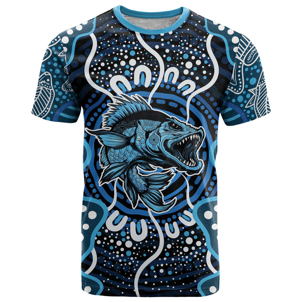 Custom Barramundi Fishing T Shirt Indigenous Aboriginal Dot Art Blue Fish