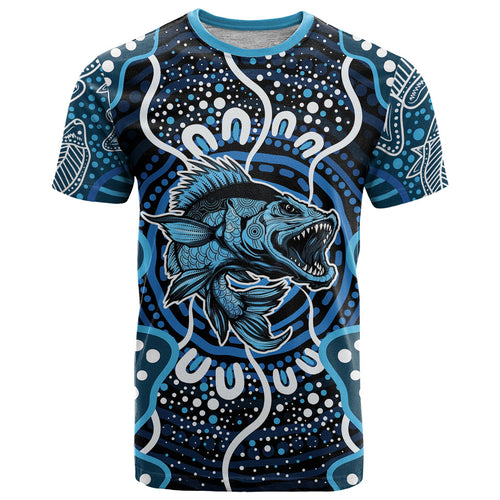 Custom Barramundi Fishing T Shirt Indigenous Aboriginal Dot Art Blue Fish