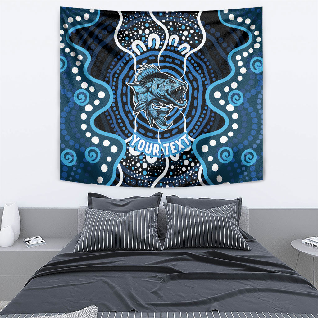 Custom Barramundi Fishing Tapestry Indigenous Aboriginal Dot Art Blue Fish