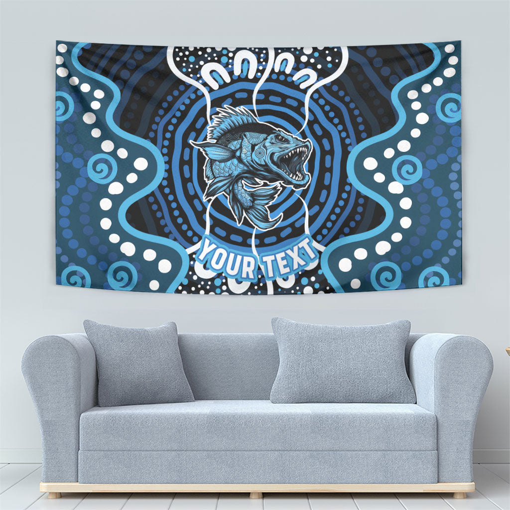 Custom Barramundi Fishing Tapestry Indigenous Aboriginal Dot Art Blue Fish
