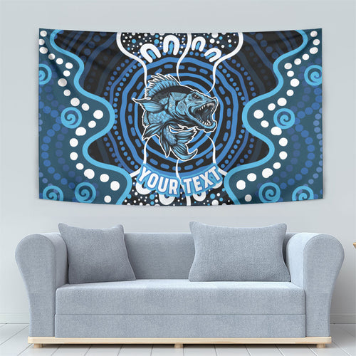Custom Barramundi Fishing Tapestry Indigenous Aboriginal Dot Art Blue Fish